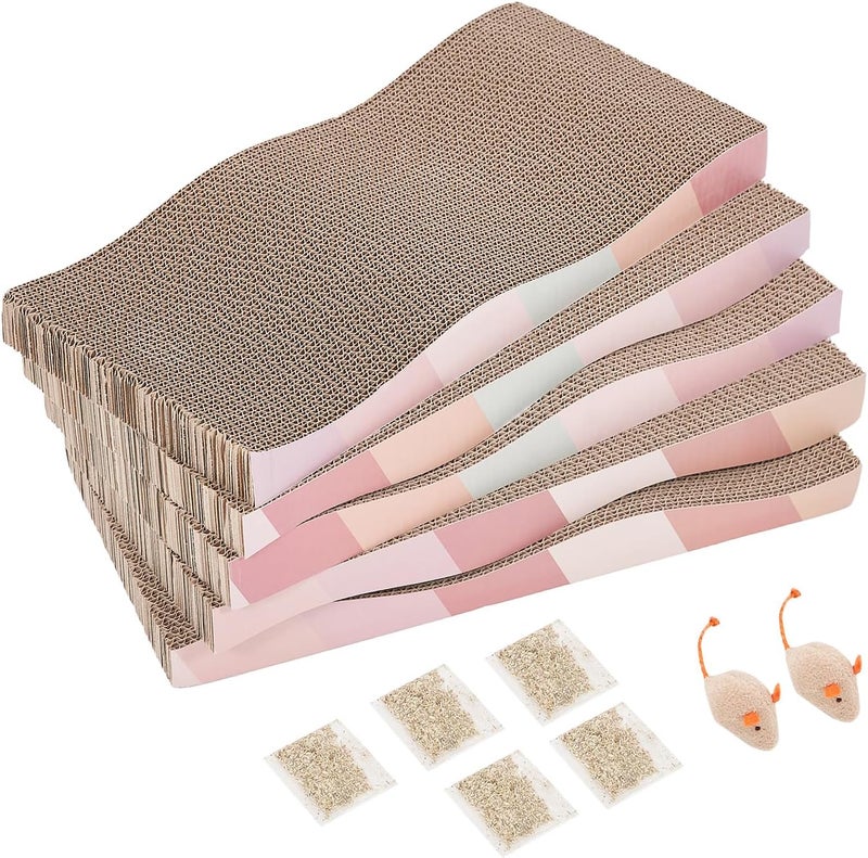 SIDAZON Cat Scratching Pads Cardboard Cat Scratchers for Indoor Cats Reversible Large Wide Corrugated with Catnip and Mini Toy(5pcs) - Image 1